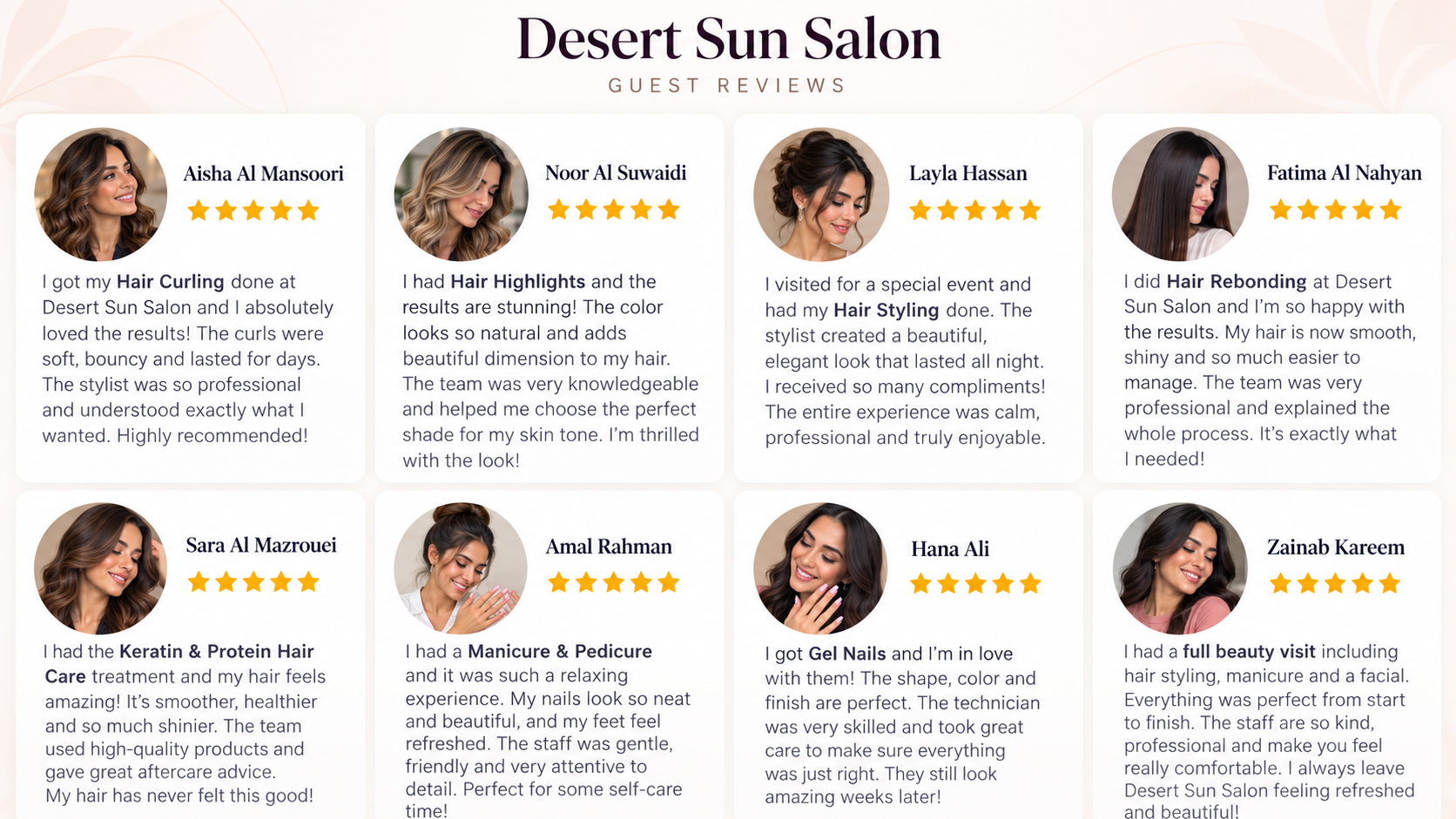 Guest portraits from salon-supplied review artwork